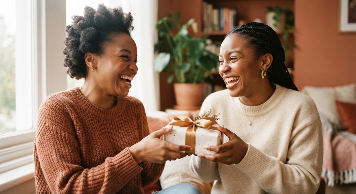 Friends exchanging gifts and laughing together